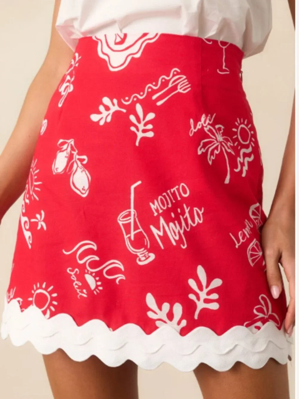Prosperina Salome Red Mojito Print Scallop Mini Skirt Linen Medium NWT - Picture 2 of 10